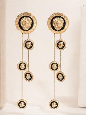 Gold and Black Lion Medallion Drop Earrings
